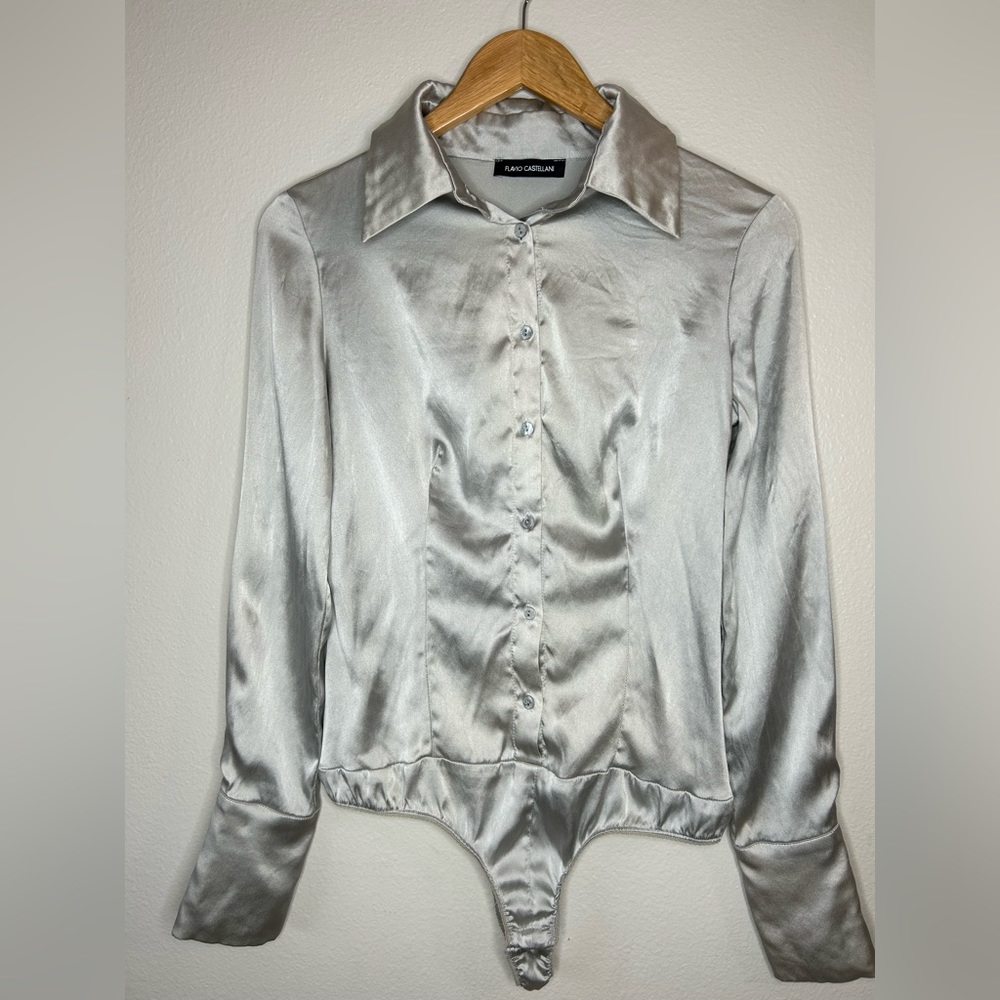 98% SILK silver bodysuit button up blouse EU size 42 US sz 12 Made in Italy